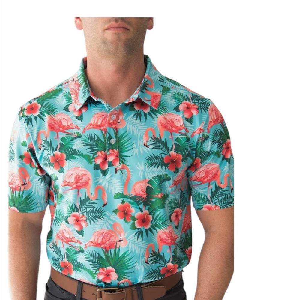 Yata Golf Men's Polo Flamingos Green Pink Size Large